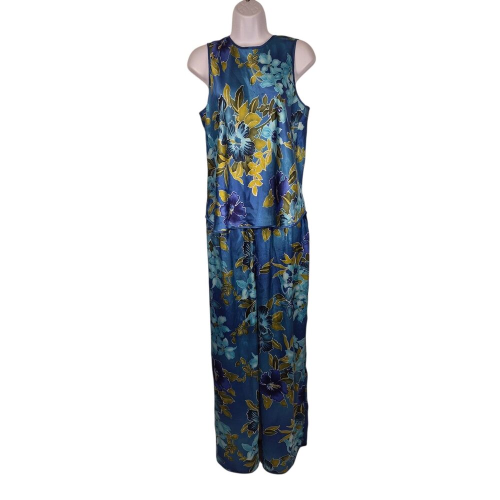 Vintage California Dynasty Women's Satin Pajamas Size M Blue Floral FLAW